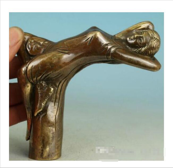 Wholesale - Chinese Old Bronze Handmade Carved Belle Collect Statue Walking Stick Head