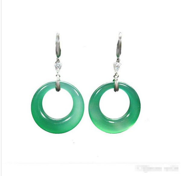 Natural ice kind of green agate earrings female long section s925 sterling silver inlaid grandmother green peace ring earrings