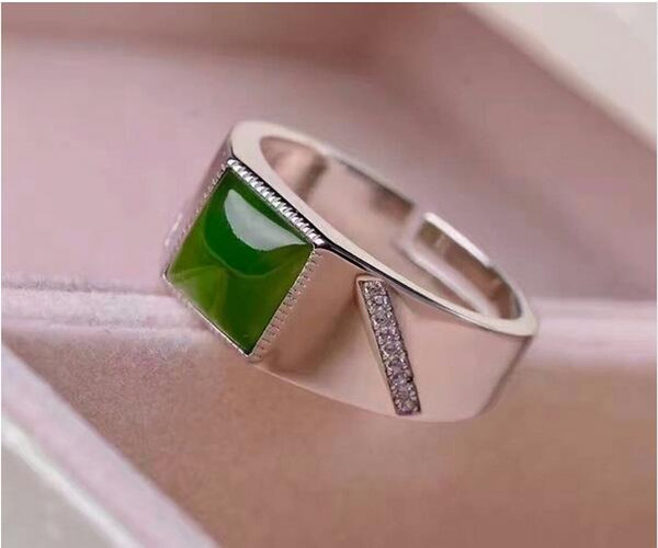 Fashion silver man gemstone ring 8*8mm 2 ct natural green jade ring for man solid 925 silver jade fashion man jewelry