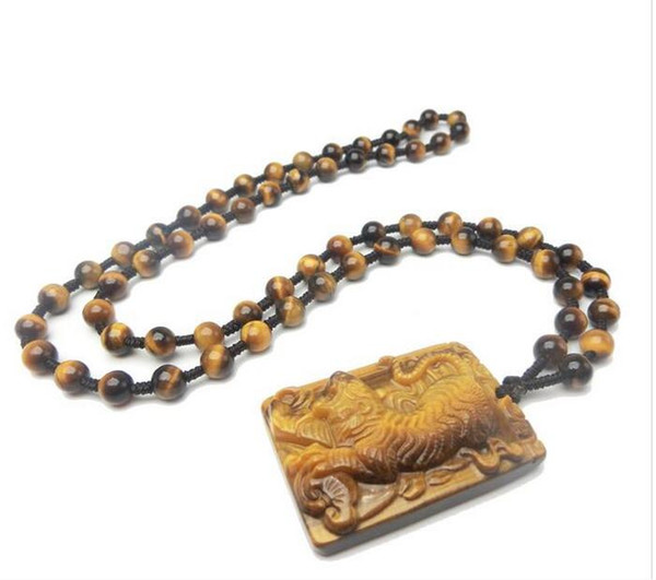 Wholesale - Natural Tiger Eye Pendant Men&039;s Animal Zodiac Tiger Jade Gold Tiger Necklace Pendant