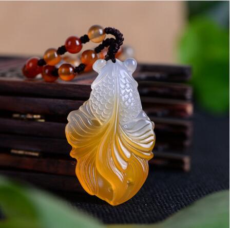 Chalcedony Gold Fish Jade Necklace Pendant Hand Carved Lucky Blessing Necklace Pendant Fine Jewelry