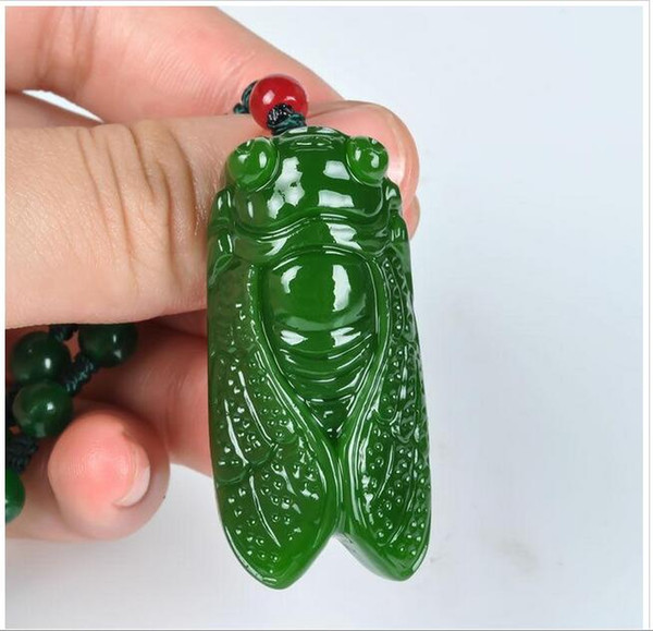 Wholesale - Chinese handcarved 100% Natural Nephrite Green Jade Cicada pendant necklace