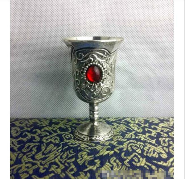 Wholesale - Elaborate Chinese Classical Artificial Silver Metal Wine Cup, Inlaid with Red Bead