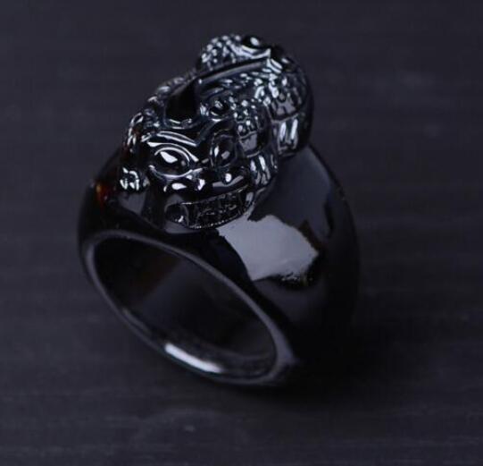 20mmx23mm Beautiful Natural Black Obsidian Carved PiXiu Lucky Thumb Ring Fashion Man's Rings Jewelry