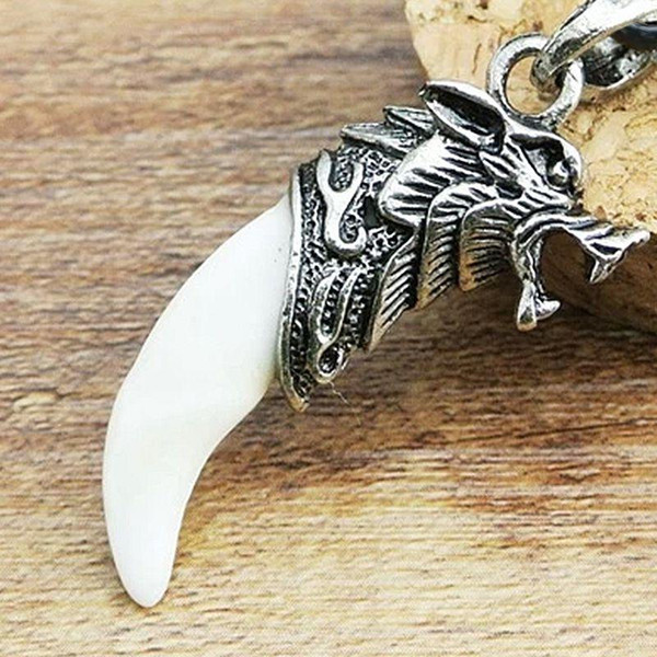 10PC Men Antique Silver Tribal Stark Wolf Fang Tooth Pendant Necklace, Vintage Wolf Tooth Dragon Alloy Pendant Necklace