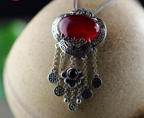 Natural Red Jade Tassel Pendant 100% Real 925 Sterling Silver Necklaces Women Trendy Handmade Vintage Coin Fine Jewelry SP01