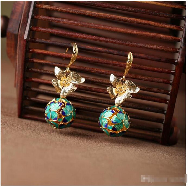 National ancient landscape Thai blue earrings retro super fairy flower ear ornament was thin female