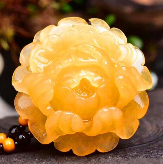 natural china HUANGLONG jade Hua kai fu gui peony flower pendant women style large Sweater chain necklace Fine Jewelry