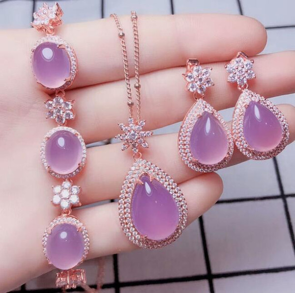 Fine Jewelry Natural 925 silver inlaid chalcedony Pendant Ring Earrings Bracelet Jewelry Four pieces Sets Women p