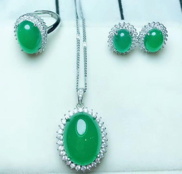 fine jewelry Natural green jade Chalcedony pendant Earring Ring jewelry sets free 925 silver necklace women jewelry
