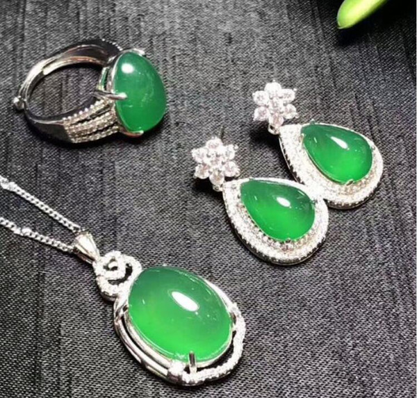 Natural 925 silver green Chalcedony jewelry sets with necklace earrings ring jade sets for women party jewelry