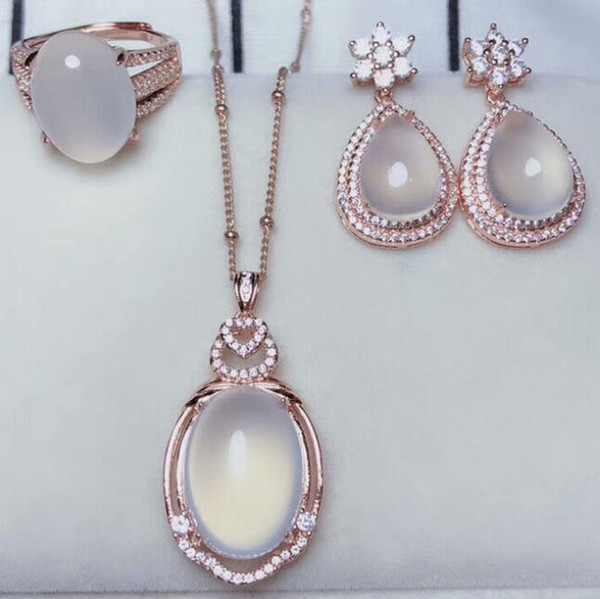 Fine Jewelry Natural 925 silver Chalcedony jewelry sets necklace earrings ring for women party jewelry
