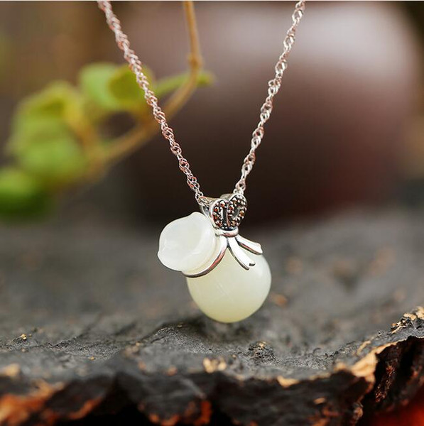 Unique Design Link Chain Necklace 925 Sterling Silver Natural Hetian Jade Lucky Bag Pendant for Women Girl Fine Jewelry