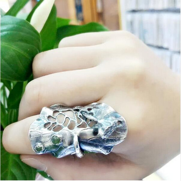 100% 990 Sterling Silver Ring For Women Original Design Handmade Vintage Hollow Lotus Leaces Flower Jade Ring Fine Jewelry SR31