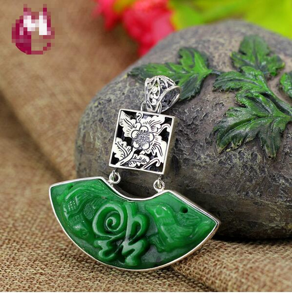 Exquisite Green Jade Necklace For Women 100% 925 Sterling Silver Necklaces & Pendants Jewelry Hollow Flower Good Fortune SP06