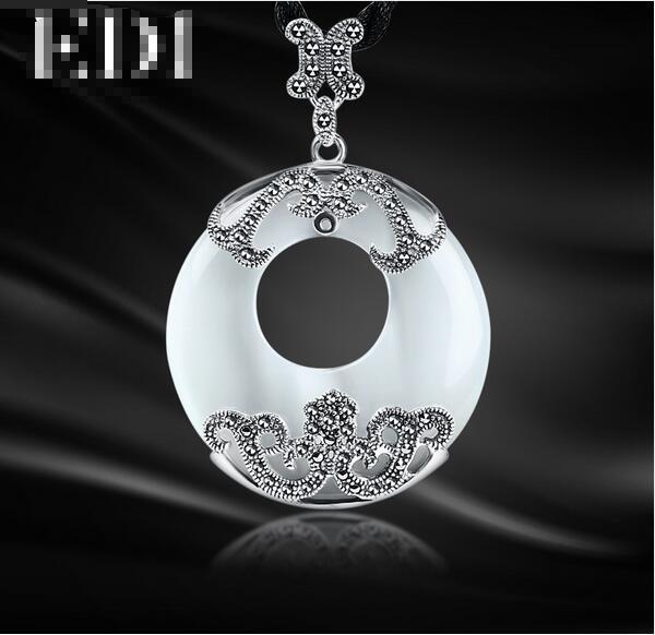 EDI 4.5*3.5 CM Vintage Jade Stone Donut Large White Opals Pendant Necklace For Women 925 Sterling Silver Pendant Retro Jewelry