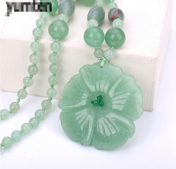 Yumten Women's Pendant Necklace Charm Aventurine Jade Handmade Carved Jewelry Fashion Crystal Beads Chain Gifts Collane Donna
