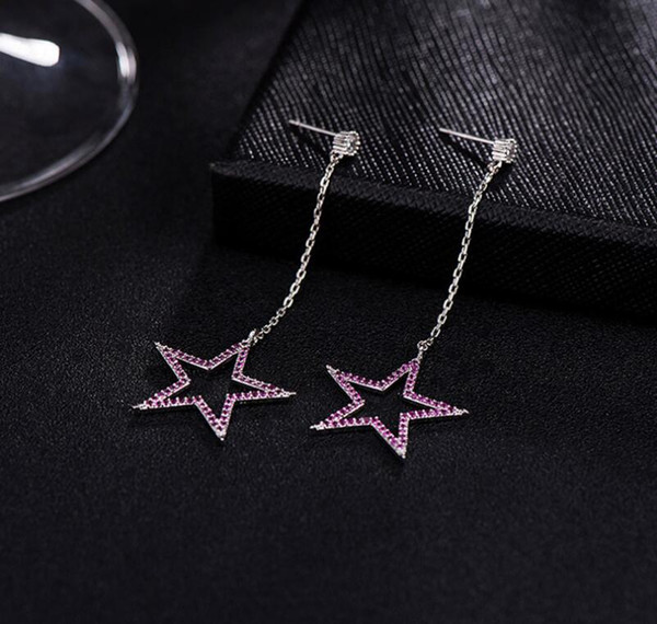 New Zircon Star Earrings Long Tassel Earrings Red Corundum Ear Jewelry 925 sterling silver needle hypoallergenic