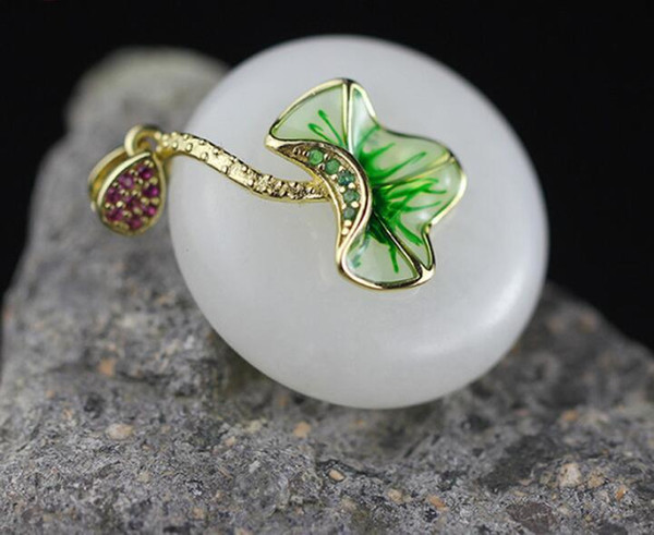 Natural White Jade Necklace Pendant Enamel Burn Blue Lotus Leaves Fine Genuine 925 Sterling Silver Jewelry SP61