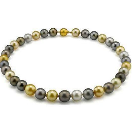 Gorgeous 9-10mm South Sea White Black Gold Multicolor Pearl Necklace 18inch 14k Gold Clasp