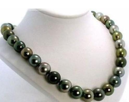 AAA 9-10mm Natural South Seas Black Green Pearl Necklace 18inch 925 Silver Clasp