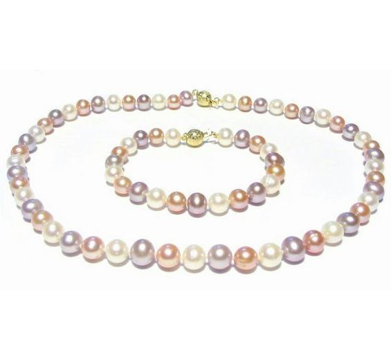 Gorgeous 8-9mm white pink purple Multicolor Pearl Necklace 14k gold clasp free Bracelet