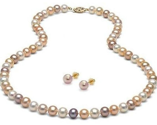 Gorgeous 8-9mm natural south seas white pink purple pearl necklace 18inch 14k gold clasp free earrings