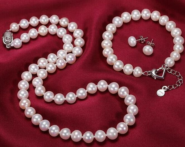 Gorgeous 9-10mm Natural White Pearl Necklace 18 Inch 925 Silver Clasp Free Bracelet Earrings