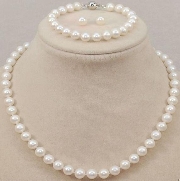 9-10mm Natural South Seas White Pearl Necklace 18 Inch 925 Silver Clasp Free Bracelet Earrings