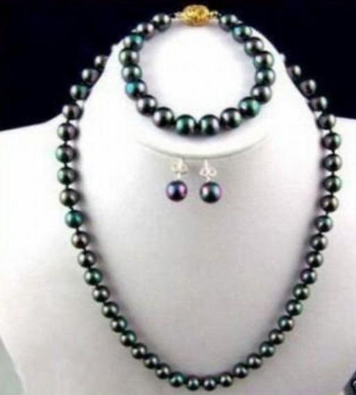 Gorgeous 9-10mm natural tahitian black green pearl necklace 18 inch 14k gold clasp free bracelet earrings