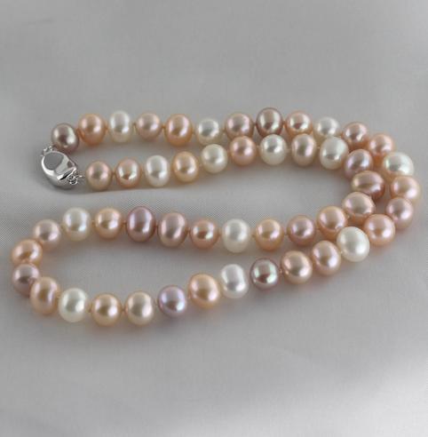 Hot sell Qili pearl 8-9mm white pink purple natural pearl necklace 17 inch 925 silver clasp