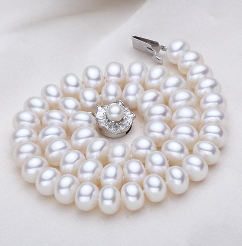 Hot sell Qili pearl 10-11mm oval white natural pearl necklace 17 inch 925 silver clasp