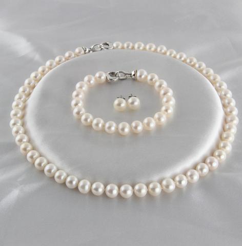 Hot sell Qili pearl 8-9mm white natural pearl necklace 17 inch 925 silver clasp free Bracelet earrings