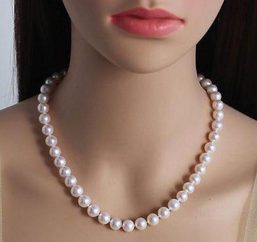 AAA 9-10mm Natural White Pearl Necklace 17inch 925 Silver Clasp