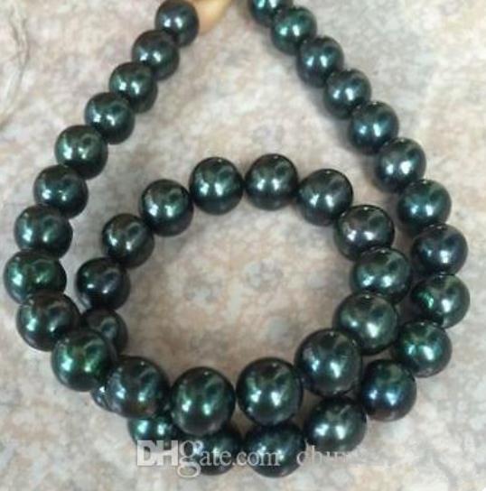 AAA Round 10-11mm Black Green Pearl Necklace 18 Inch 925 Silver Clasp