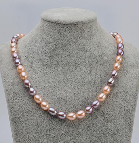 Hot sell Qili pearl 7-8mm pink purple Rice shape natural pearl necklace 17 inch 925 silver clasp