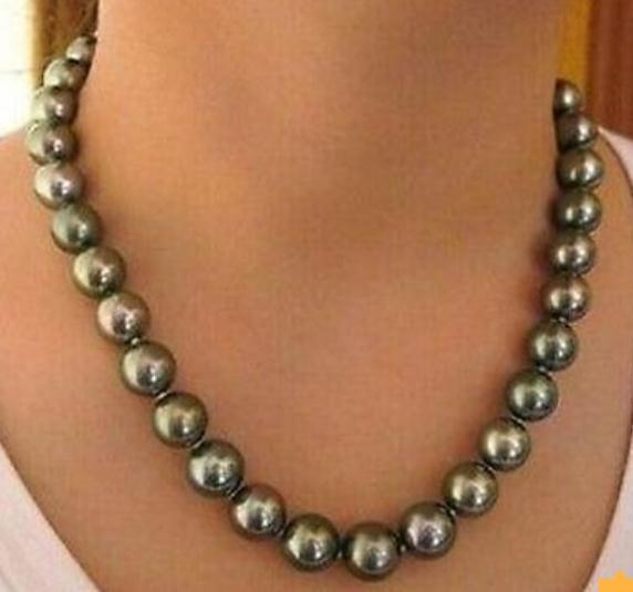 Noble AAA 10-11 Mm Round Tahitian South Seas Black Green Pearl Necklace 18inch 14K Gold Clasp