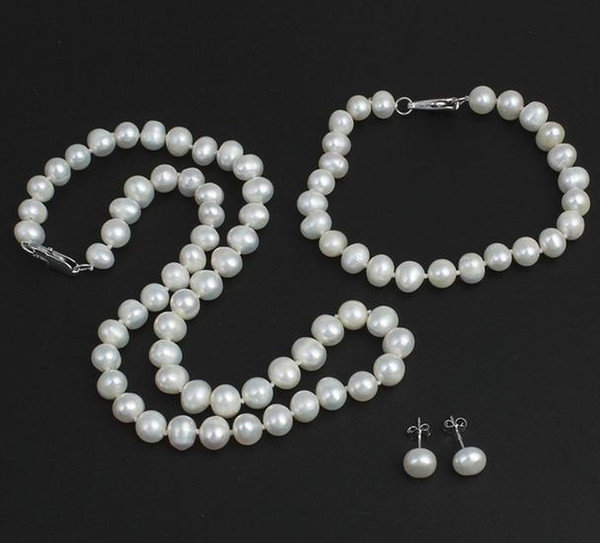 Elegant 7-8mm Natural White Pearl Necklace 18 inch free Bracelet Earrings 925 silver