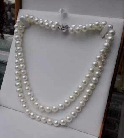 New double strands 7-8mm natural round white pearl necklace 18inch 19inch 925 silver clasp