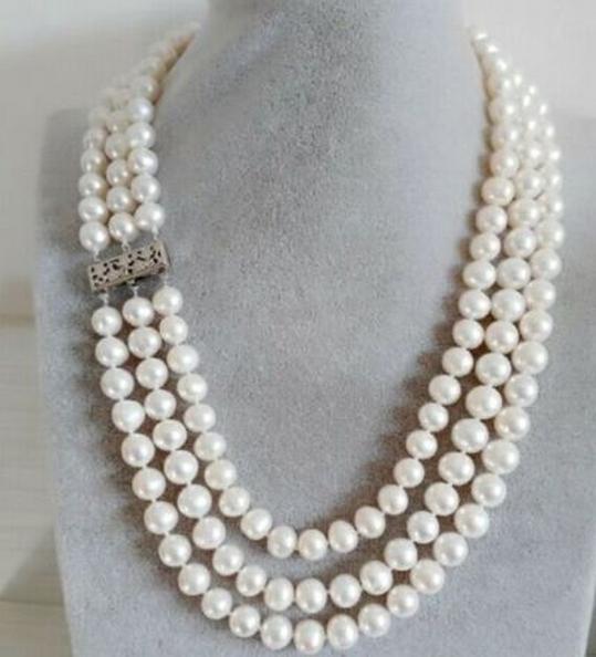 Noblest triple strands natural 8-9mm south sea white pearl necklace 18-20inch 925 silver