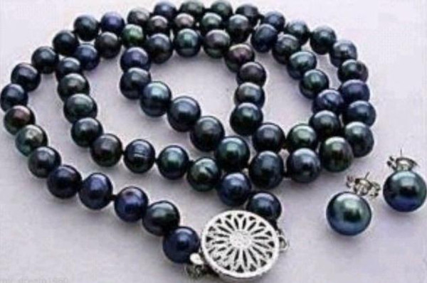 Gorgeous natural 8-9mm south seas black Pearl Necklace 18inch 925 silver clasp free earrings