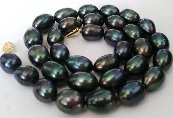 Noble 12-13mm baroque Tahitian black green pearl necklace 18 14K gold clasp