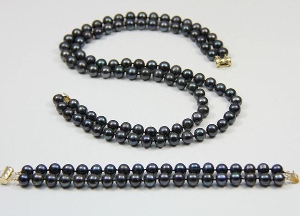 Hot New 7-8mm Black Natural Pearl Necklace 17-18 Inch Free Bracelet 7.5 Inch 14k Gold Clasp