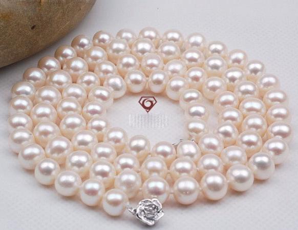 Gorgeous 9-10mm south sea white pearl necklace 24 inch 925 silver clasp