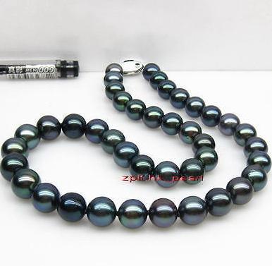 Noble AAA round 10-11mm natural black pearl necklace 18inch 925 silver clasp