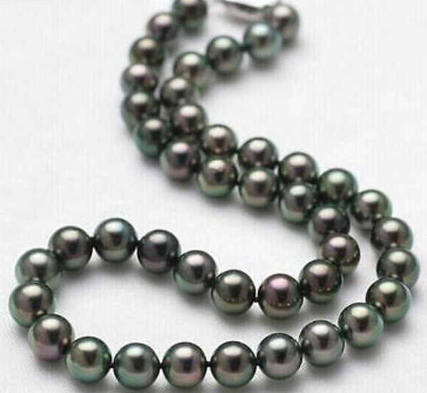 Noble 8.5-9.5mm natural tahitian black green pearl necklace 18inch s925 silver clasp