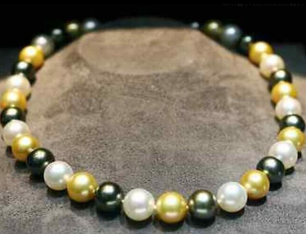 Charming 9-10m south sea white black gold multicolor pearl necklace 18inch 14k gold clasp