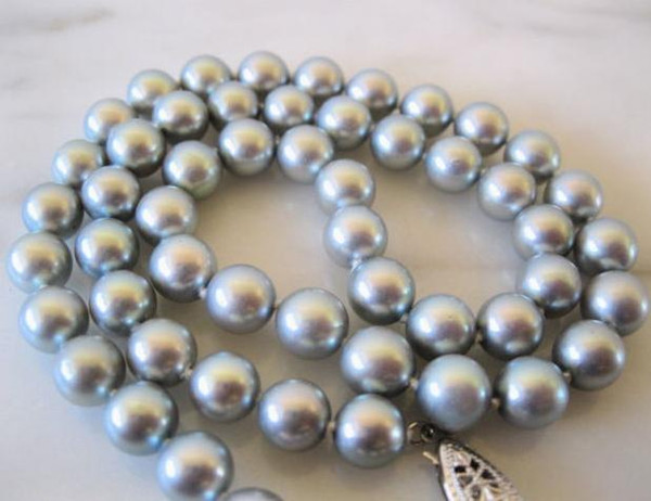 Charming AAA 9-10mm tahitian silver gray pearl necklace 18inch 14k gold clasp