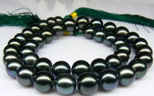 Charming AAA 10-11mm tahitian black green pearl necklace 18inch 14k gold clasp