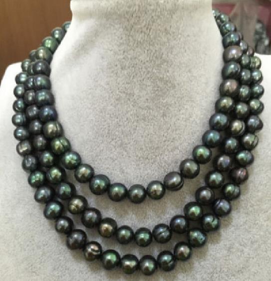 Noble 11-12mm natural tahitian peacock green pearl necklace 48inch 14K gold clasp